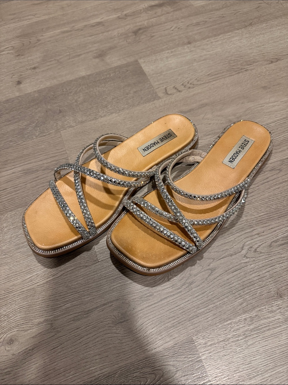 Steve Madden Crystal-Embellished Tan Slide Sandals